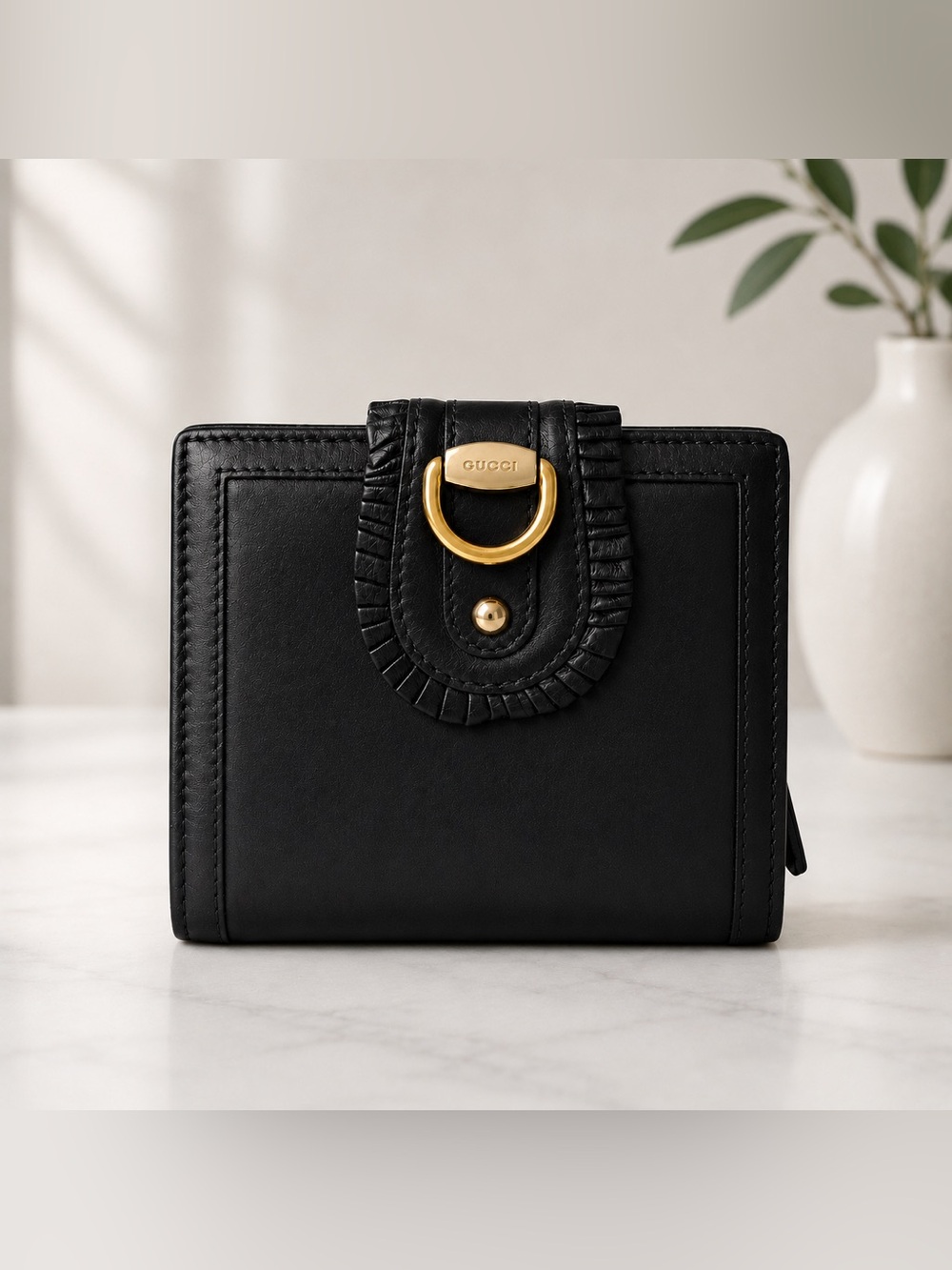 Gucci Black Leather Wallet with Gold D-Ring Accent